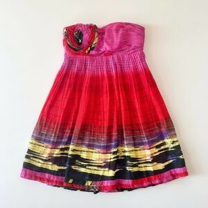 LaROK Strapless Ombre Rosette Mini Dress Pink Red Pleated | Womens XS